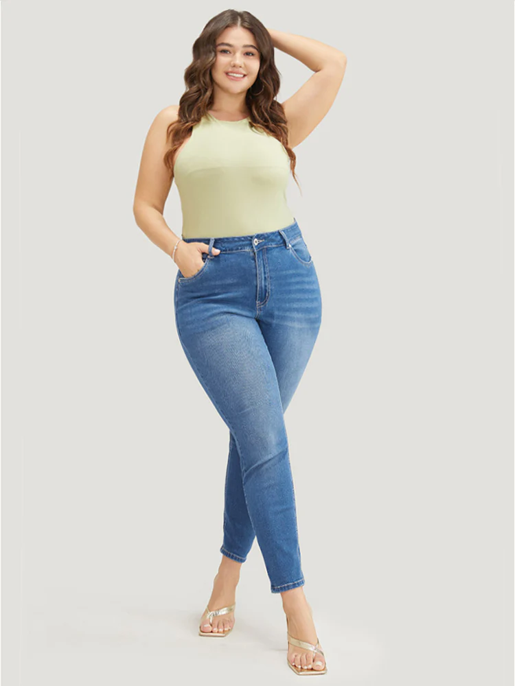 Very Stretchy High Rise Medium Wash Floral Embroidered Jeans - Image 5