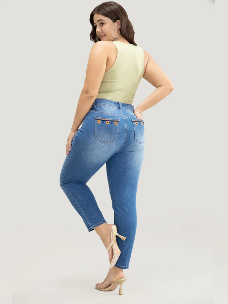 Very Stretchy High Rise Medium Wash Floral Embroidered Jeans - Image 7