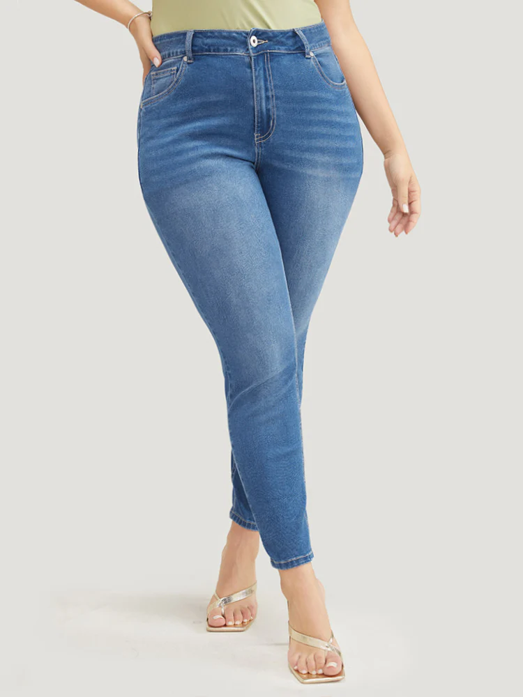 Very Stretchy High Rise Medium Wash Floral Embroidered Jeans - Image 8