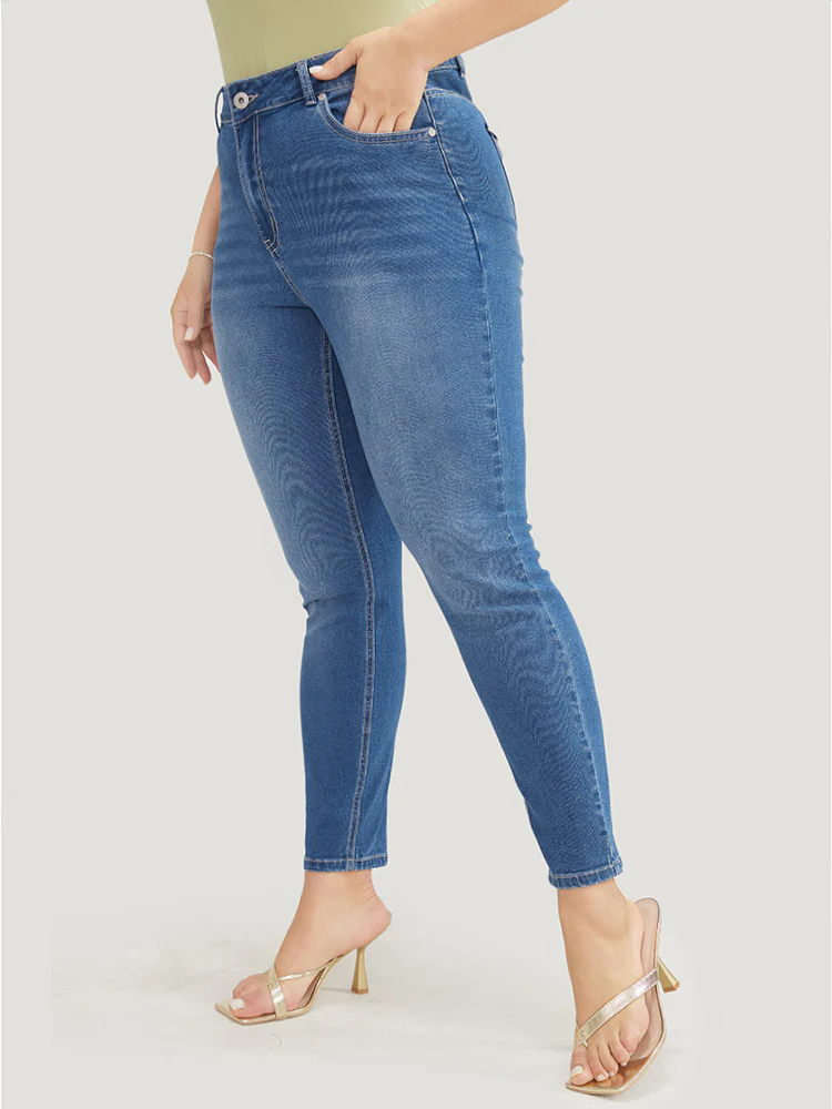 Very Stretchy High Rise Medium Wash Floral Embroidered Jeans - Image 9