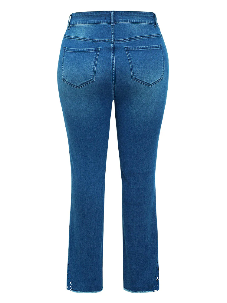 Very Stretchy High Rise Medium Wash Lace Insert Raw Hem Jeans - Image 11