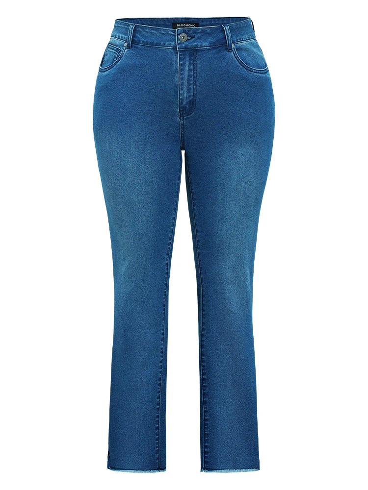 Very Stretchy High Rise Medium Wash Lace Insert Raw Hem Jeans - Image 12