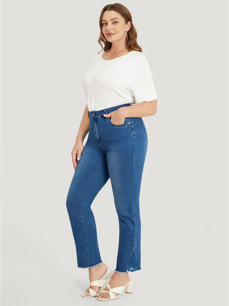 Very Stretchy High Rise Medium Wash Lace Insert Raw Hem Jeans - Image 2