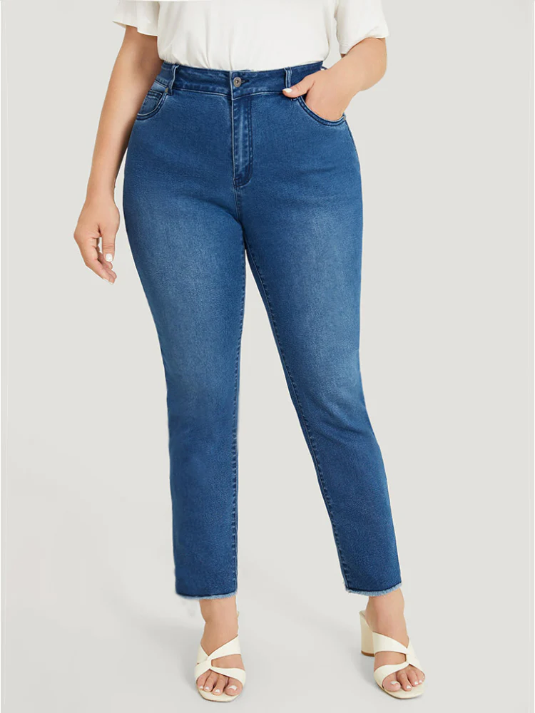 Very Stretchy High Rise Medium Wash Lace Insert Raw Hem Jeans - Image 3