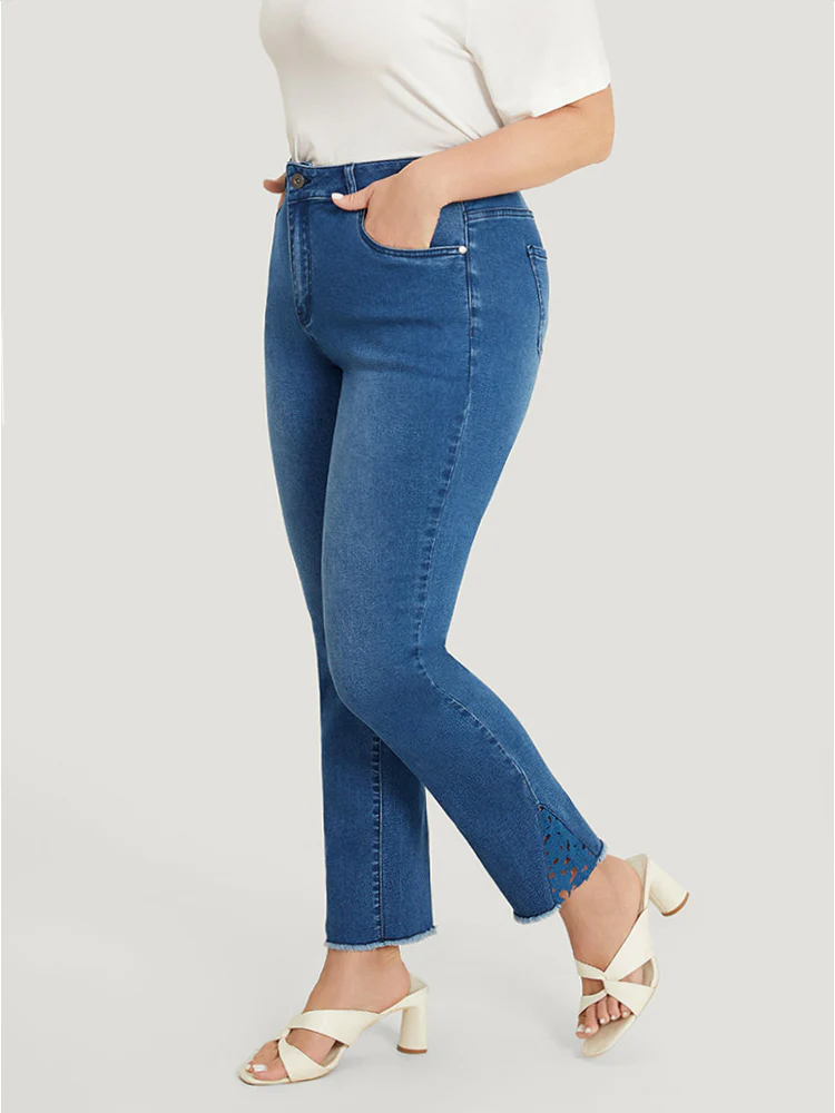 Very Stretchy High Rise Medium Wash Lace Insert Raw Hem Jeans - Image 4