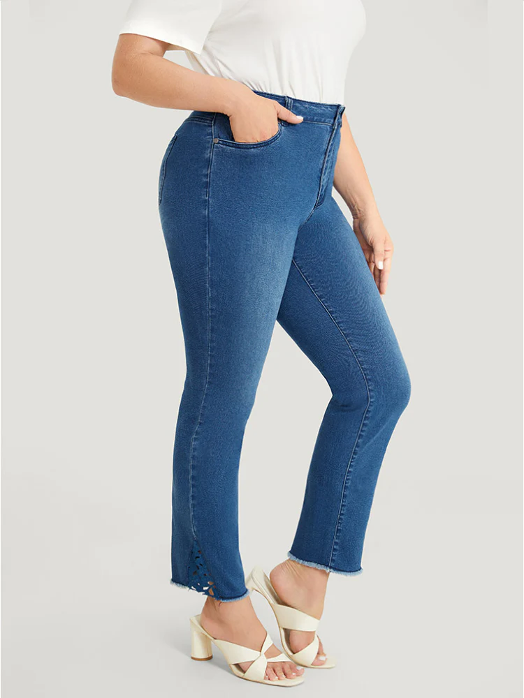 Very Stretchy High Rise Medium Wash Lace Insert Raw Hem Jeans - Image 5