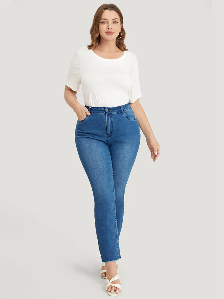 Very Stretchy High Rise Medium Wash Lace Insert Raw Hem Jeans - Image 6