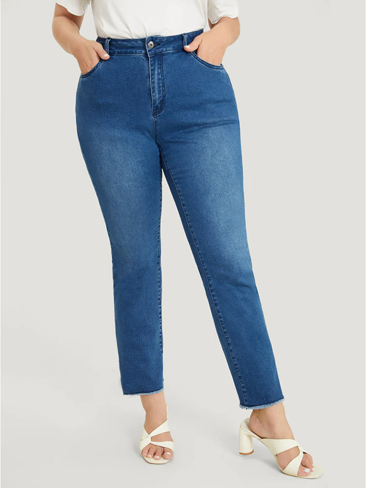Very Stretchy High Rise Medium Wash Lace Insert Raw Hem Jeans - Image 7
