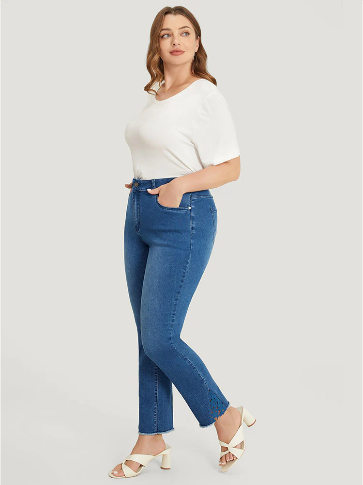Very Stretchy High Rise Medium Wash Lace Insert Raw Hem Jeans - Image 8