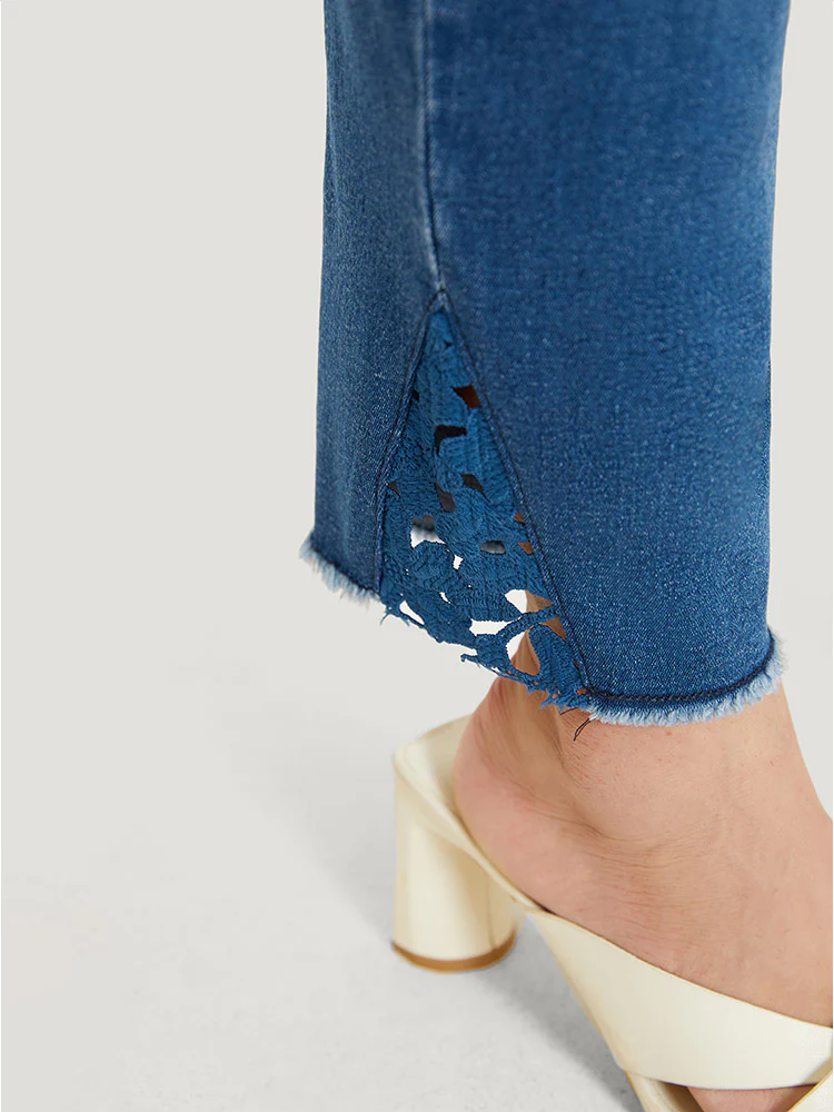 Very Stretchy High Rise Medium Wash Lace Insert Raw Hem Jeans - Image 9