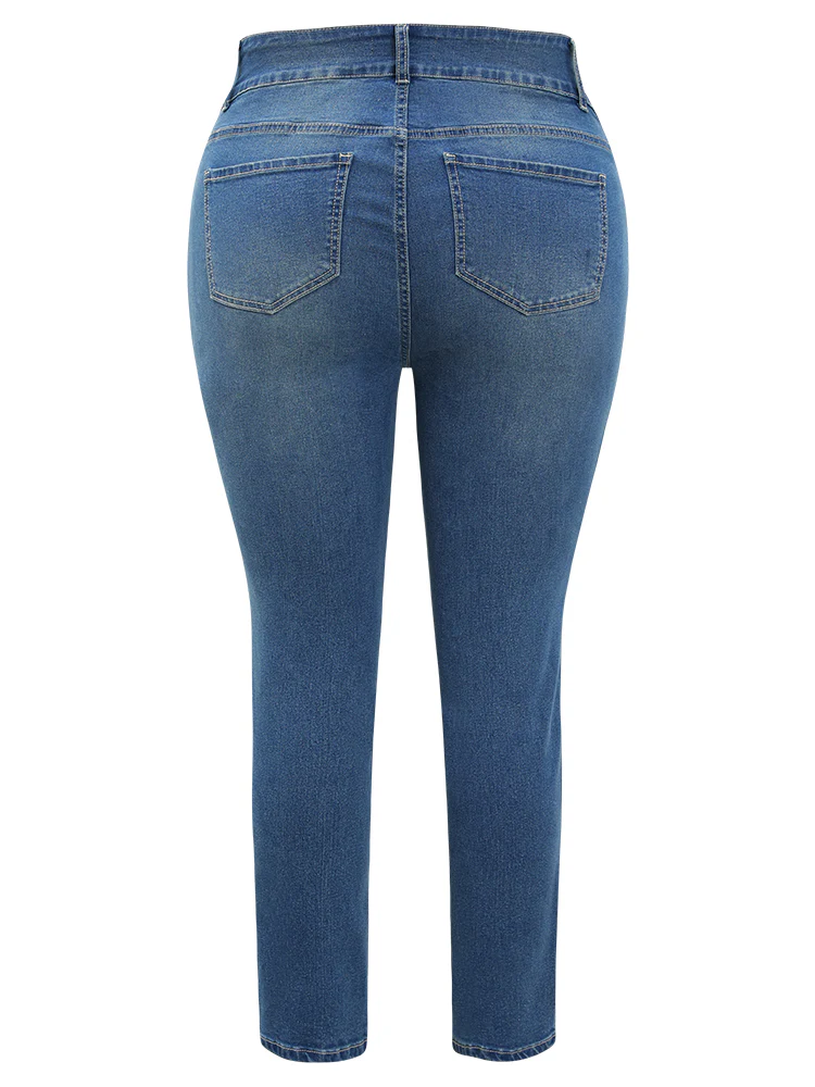 Very Stretchy High Rise Medium Wash Paint Patched Jeans - Image 10