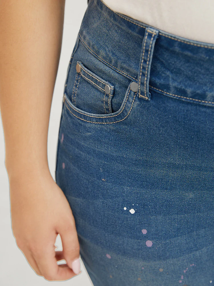 Very Stretchy High Rise Medium Wash Paint Patched Jeans - Image 11