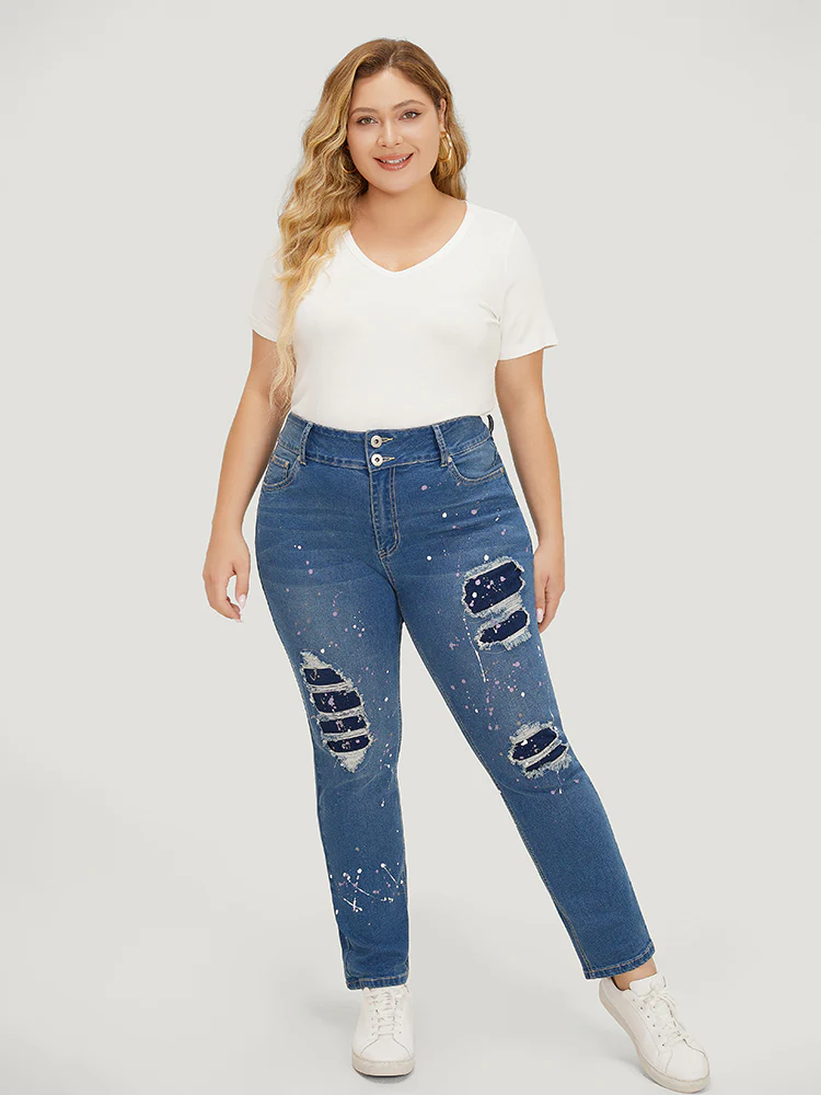 Very Stretchy High Rise Medium Wash Paint Patched Jeans - Image 2