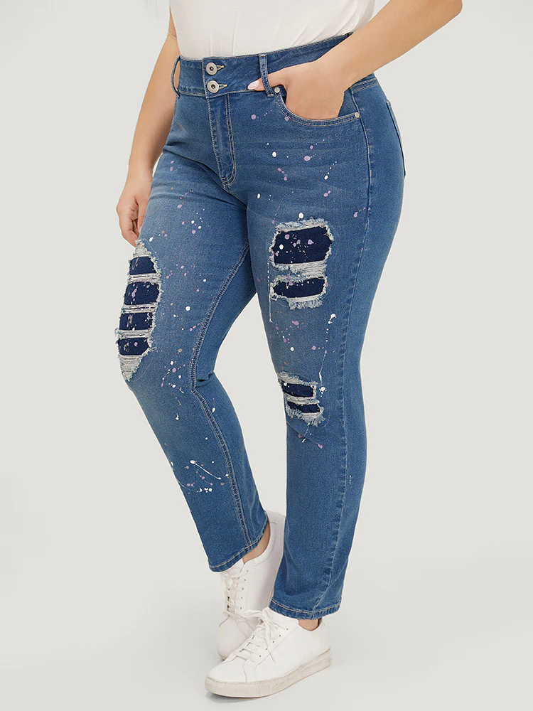 Very Stretchy High Rise Medium Wash Paint Patched Jeans - Image 3