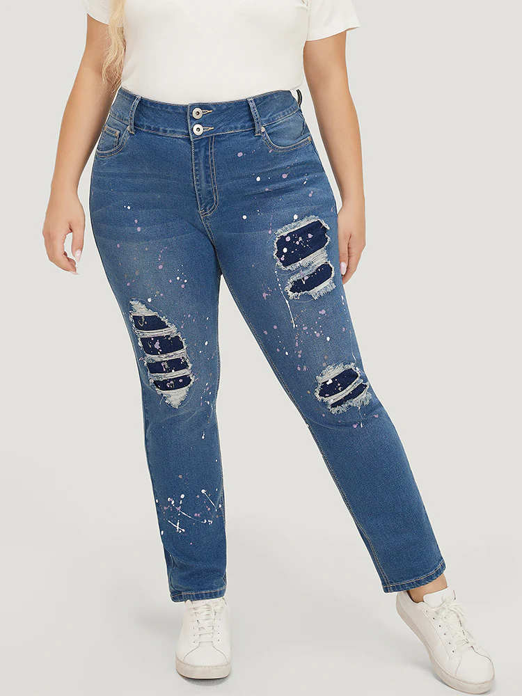 Very Stretchy High Rise Medium Wash Paint Patched Jeans - Image 5