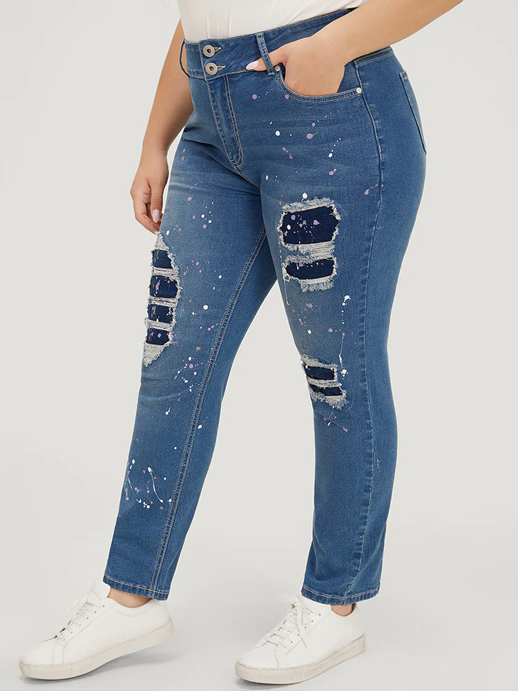 Very Stretchy High Rise Medium Wash Paint Patched Jeans - Image 6