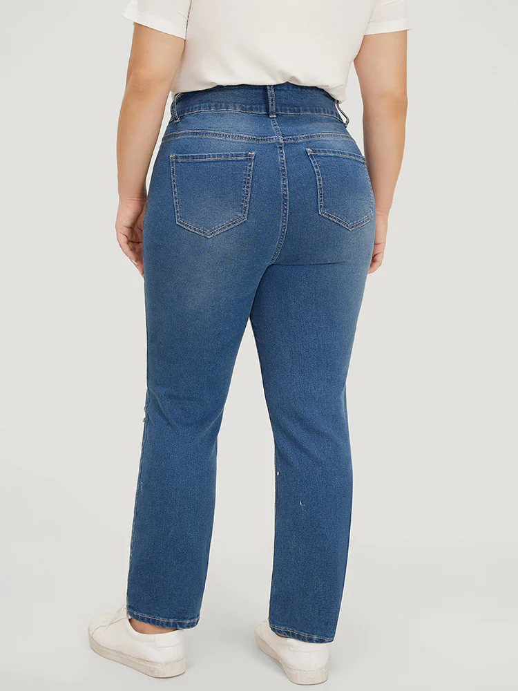 Very Stretchy High Rise Medium Wash Paint Patched Jeans - Image 7