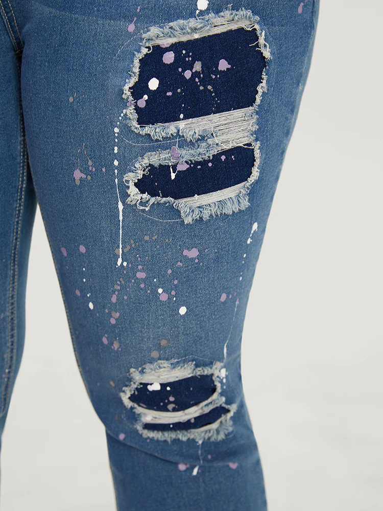 Very Stretchy High Rise Medium Wash Paint Patched Jeans - Image 8