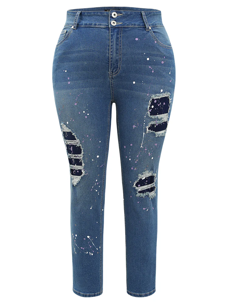 Very Stretchy High Rise Medium Wash Paint Patched Jeans - Image 9