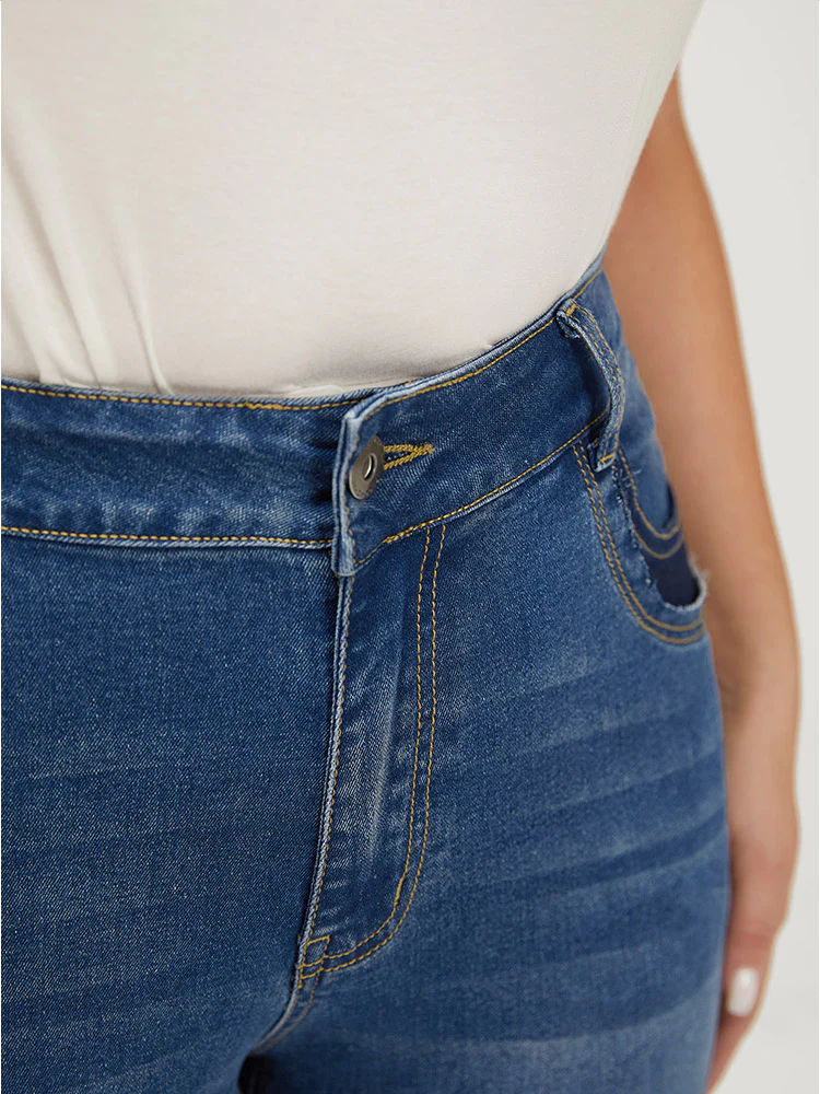Very Stretchy High Rise Medium Wash Patched Patchwork Jeans - Image 10