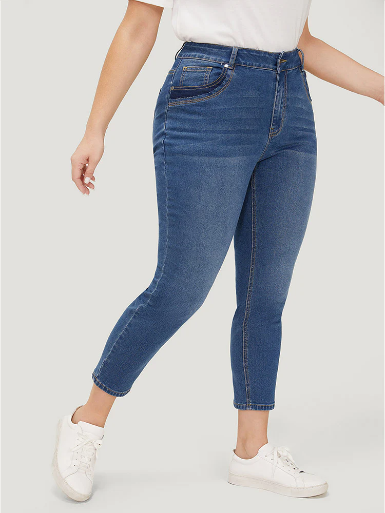 Very Stretchy High Rise Medium Wash Patched Patchwork Jeans - Image 2