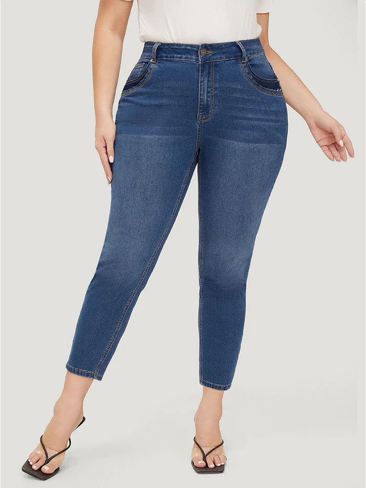 Very Stretchy High Rise Medium Wash Patched Patchwork Jeans - Image 3