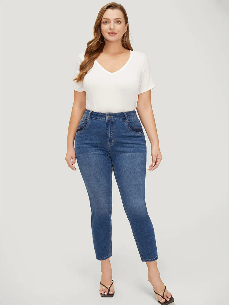 Very Stretchy High Rise Medium Wash Patched Patchwork Jeans - Image 4
