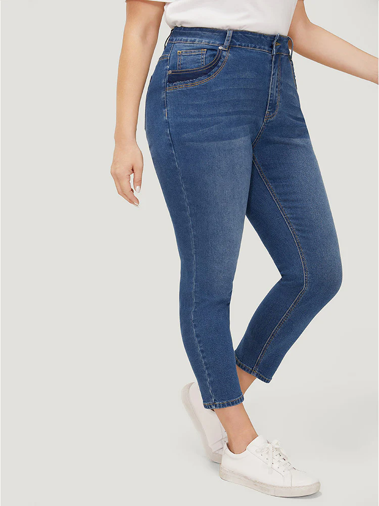 Very Stretchy High Rise Medium Wash Patched Patchwork Jeans - Image 5
