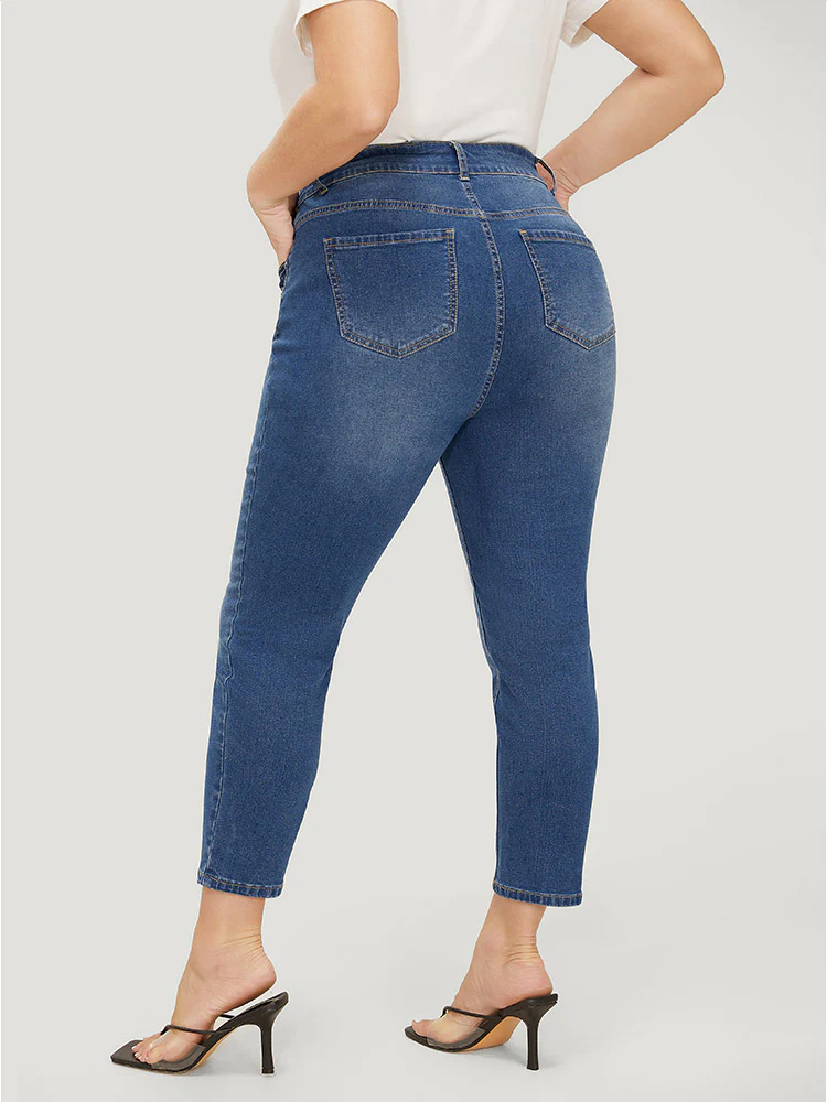 Very Stretchy High Rise Medium Wash Patched Patchwork Jeans - Image 6