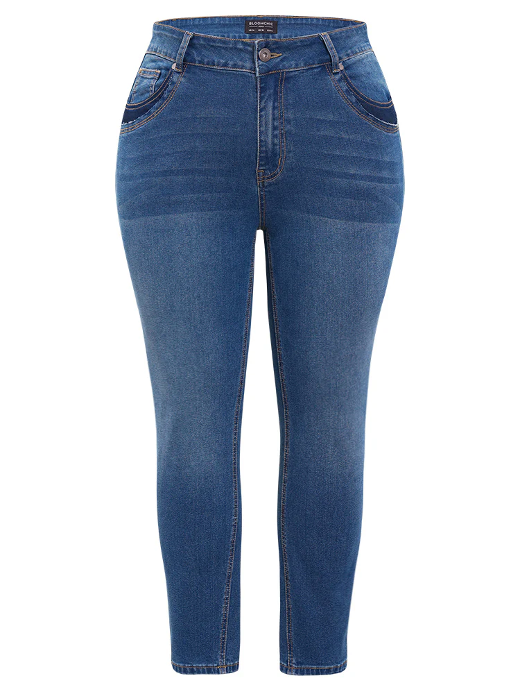 Very Stretchy High Rise Medium Wash Patched Patchwork Jeans - Image 7