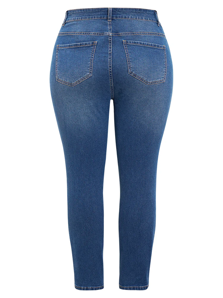 Very Stretchy High Rise Medium Wash Patched Patchwork Jeans - Image 8