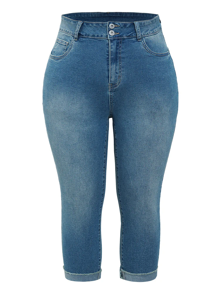 Very Stretchy High Rise Medium Wash Roll Hem Cropped Jeans - Image 10