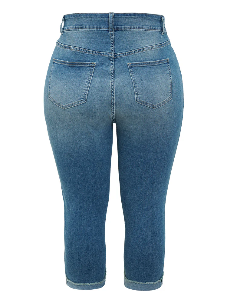 Very Stretchy High Rise Medium Wash Roll Hem Cropped Jeans - Image 11