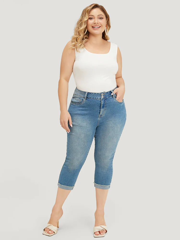Very Stretchy High Rise Medium Wash Roll Hem Cropped Jeans - Image 2