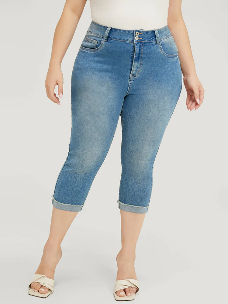 Very Stretchy High Rise Medium Wash Roll Hem Cropped Jeans - Image 3