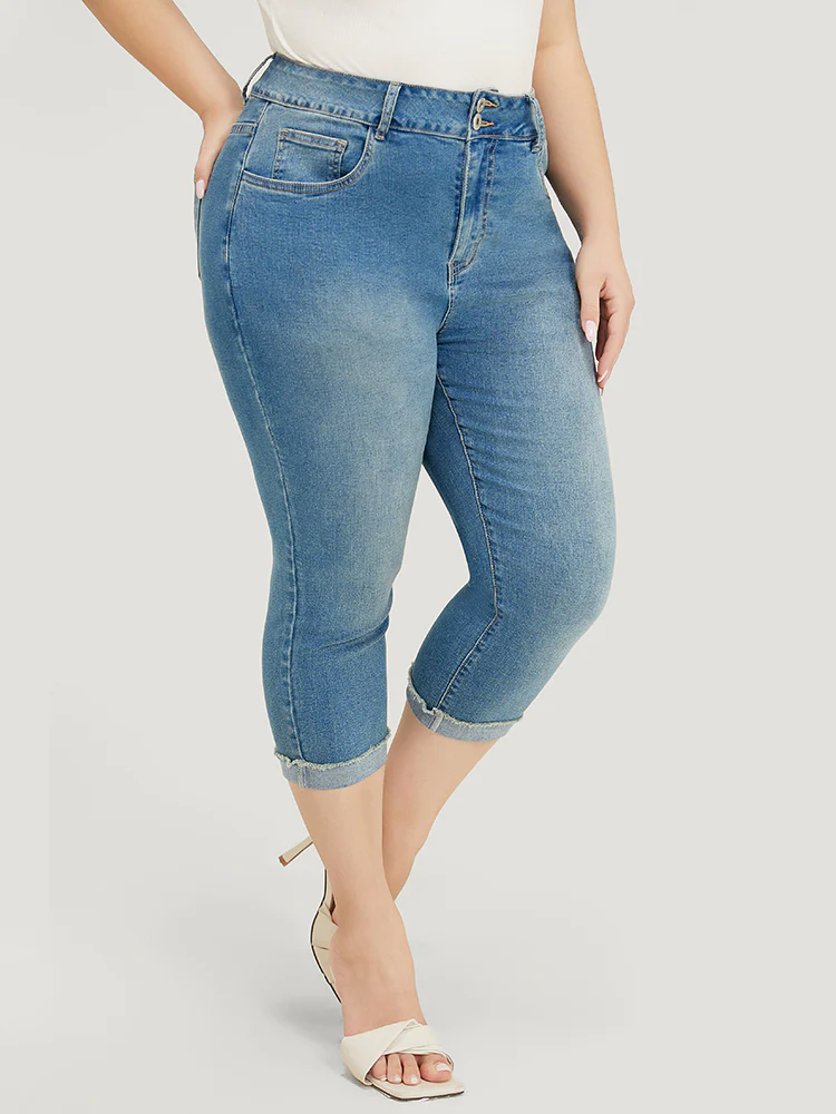 Very Stretchy High Rise Medium Wash Roll Hem Cropped Jeans - Image 4