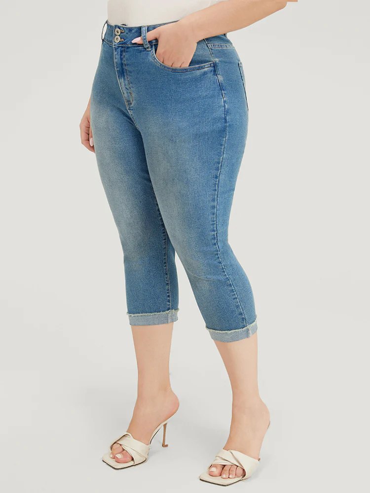 Very Stretchy High Rise Medium Wash Roll Hem Cropped Jeans - Image 5