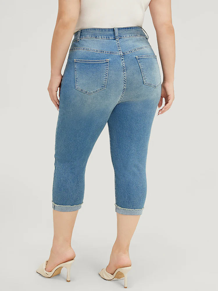 Very Stretchy High Rise Medium Wash Roll Hem Cropped Jeans - Image 6