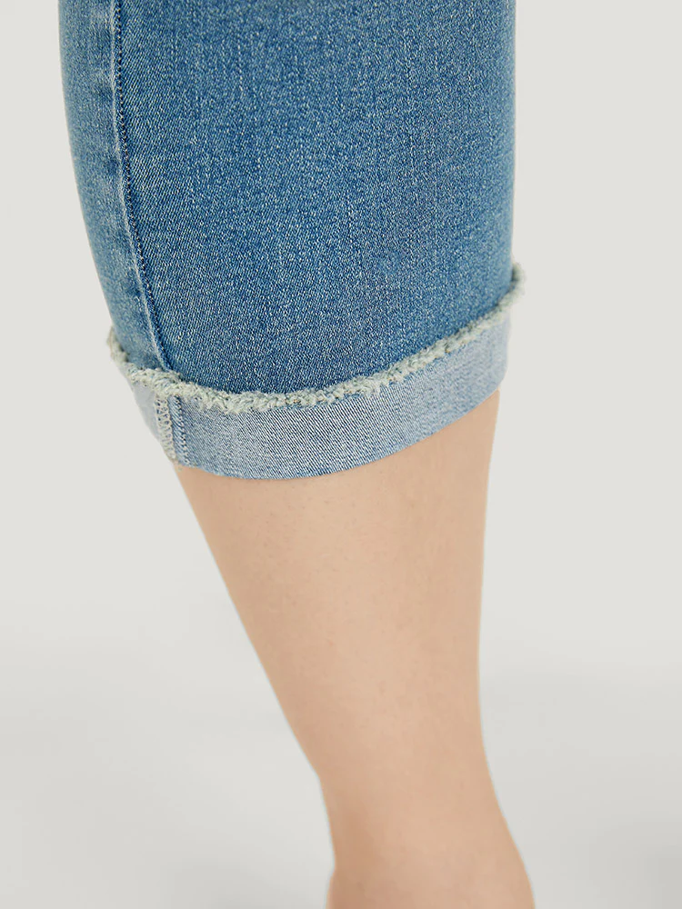 Very Stretchy High Rise Medium Wash Roll Hem Cropped Jeans - Image 7