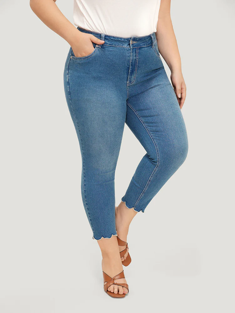 Very Stretchy High Rise Medium Wash Scalloped Hem Jeans - Image 2