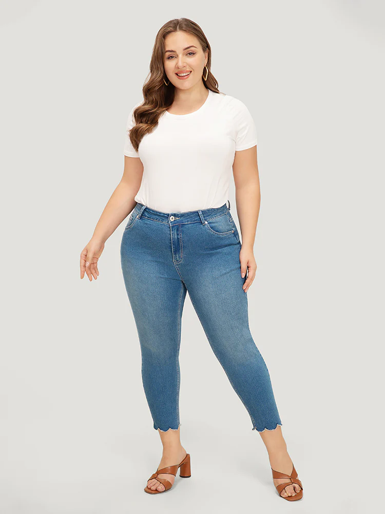 Very Stretchy High Rise Medium Wash Scalloped Hem Jeans - Image 3