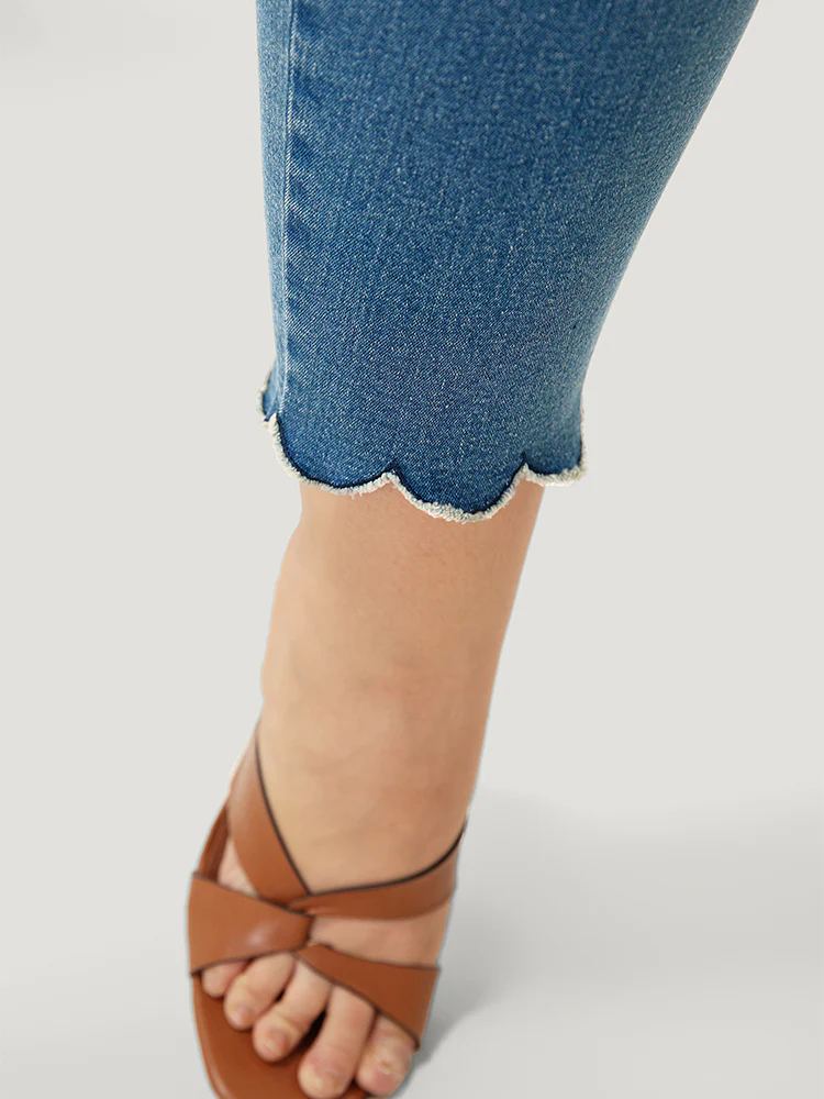 Very Stretchy High Rise Medium Wash Scalloped Hem Jeans - Image 4