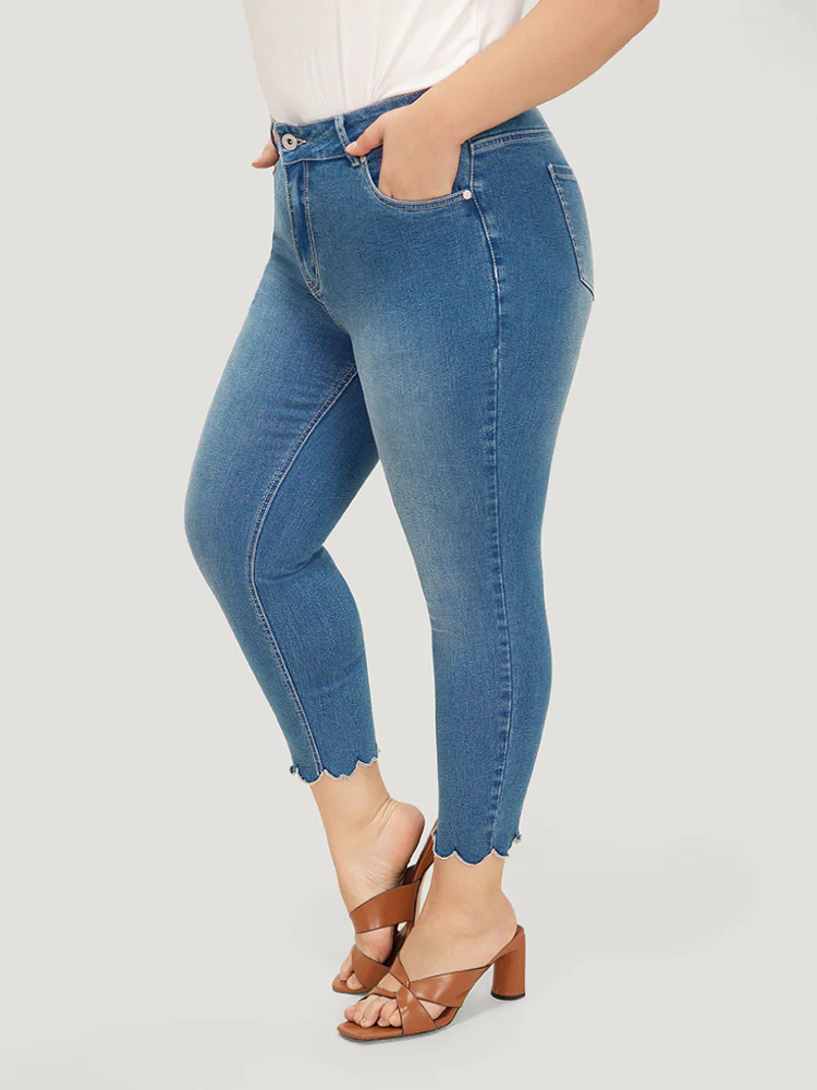 Very Stretchy High Rise Medium Wash Scalloped Hem Jeans - Image 5