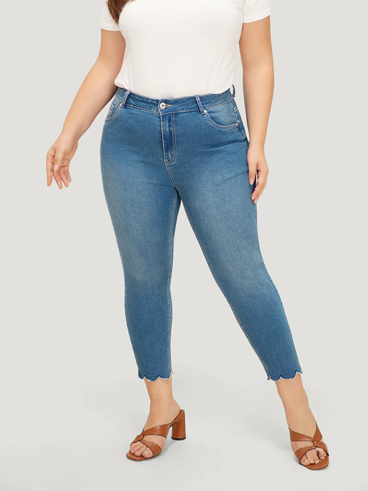 Very Stretchy High Rise Medium Wash Scalloped Hem Jeans - Image 6