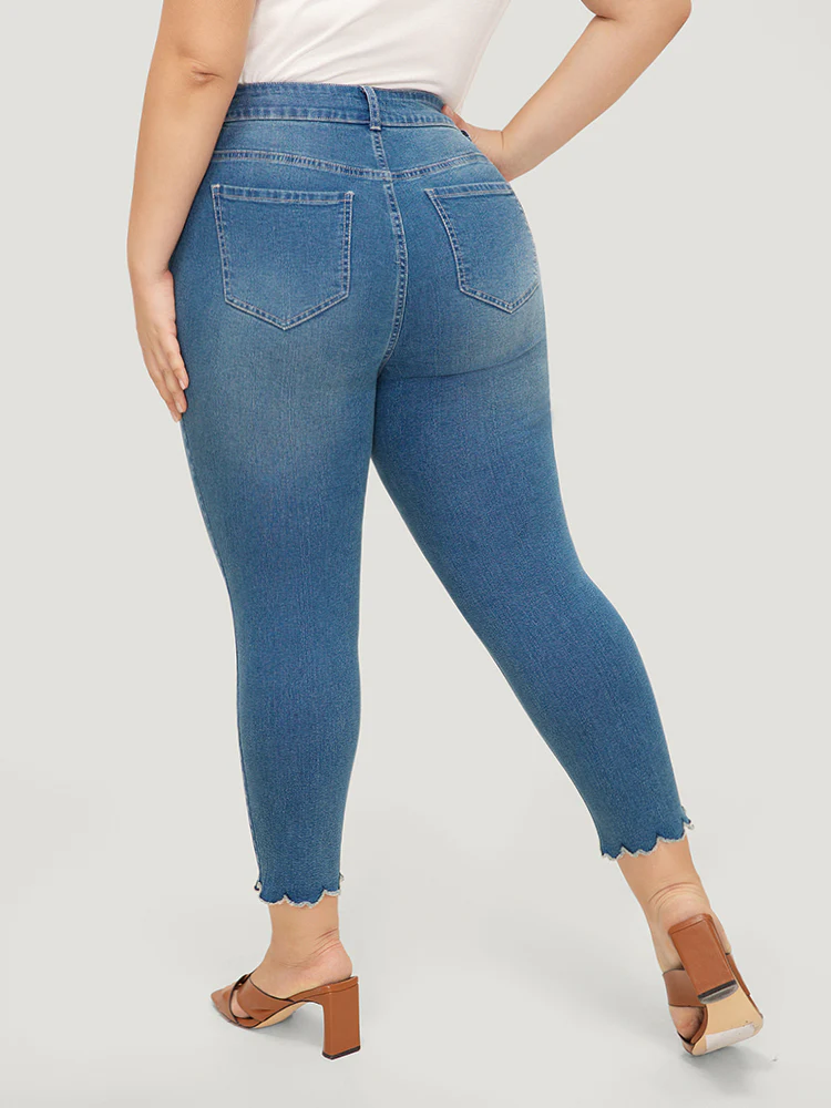 Very Stretchy High Rise Medium Wash Scalloped Hem Jeans - Image 7