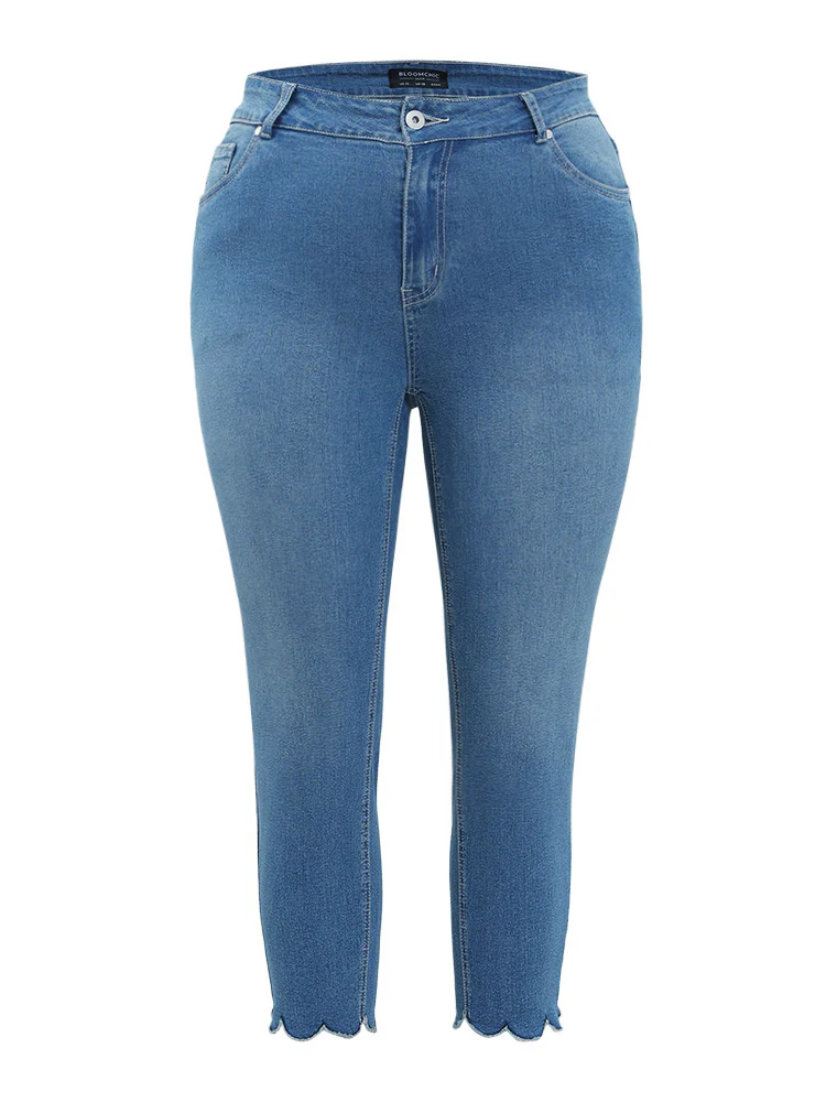 Very Stretchy High Rise Medium Wash Scalloped Hem Jeans - Image 8