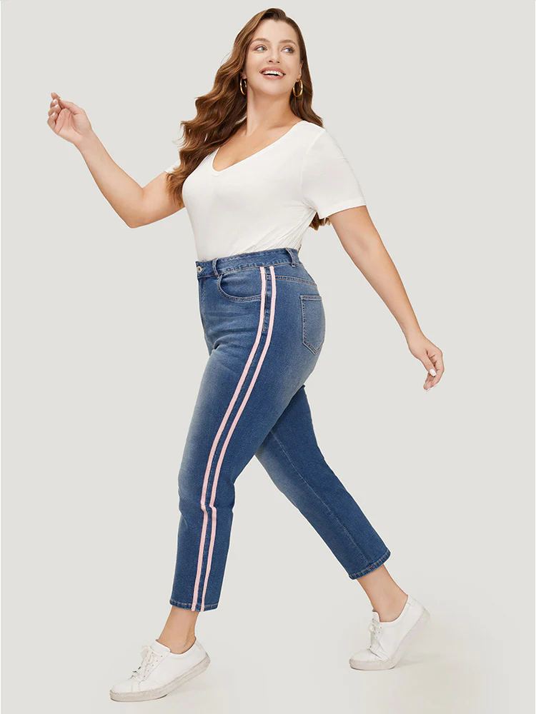 Very Stretchy Medium Wash Contrast Striped Jeans - Image 2