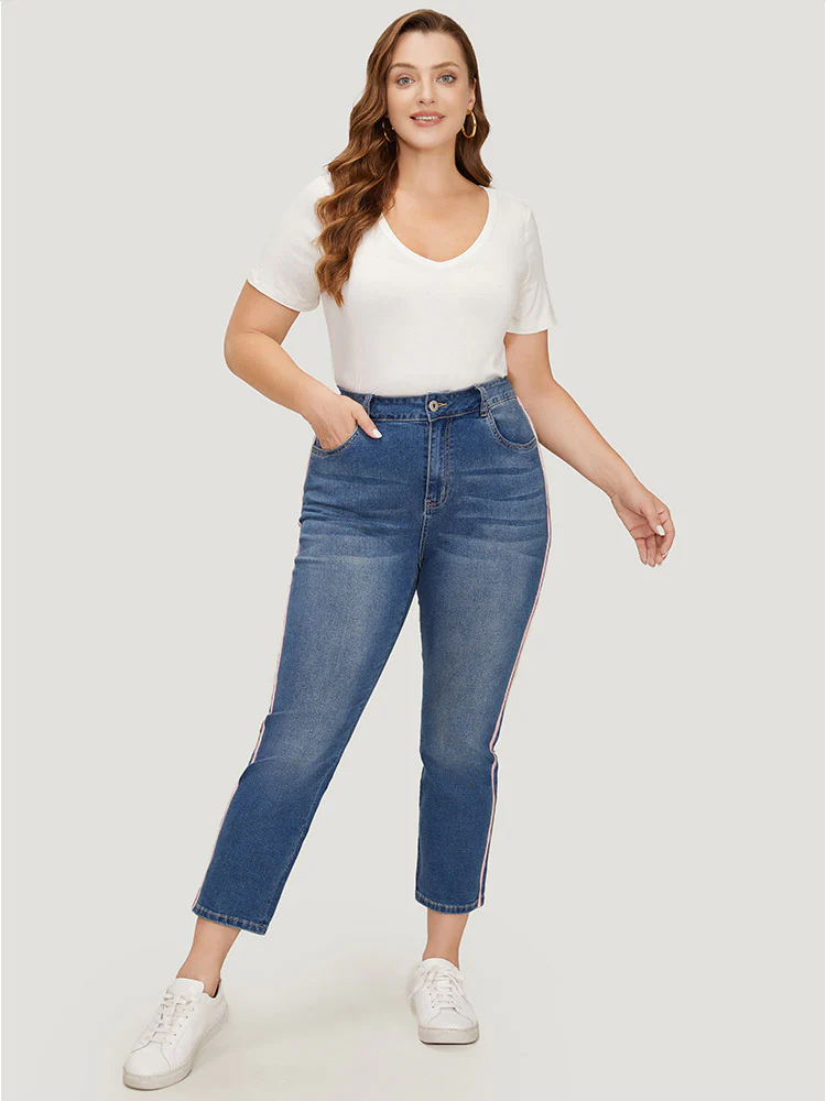 Very Stretchy Medium Wash Contrast Striped Jeans - Image 3