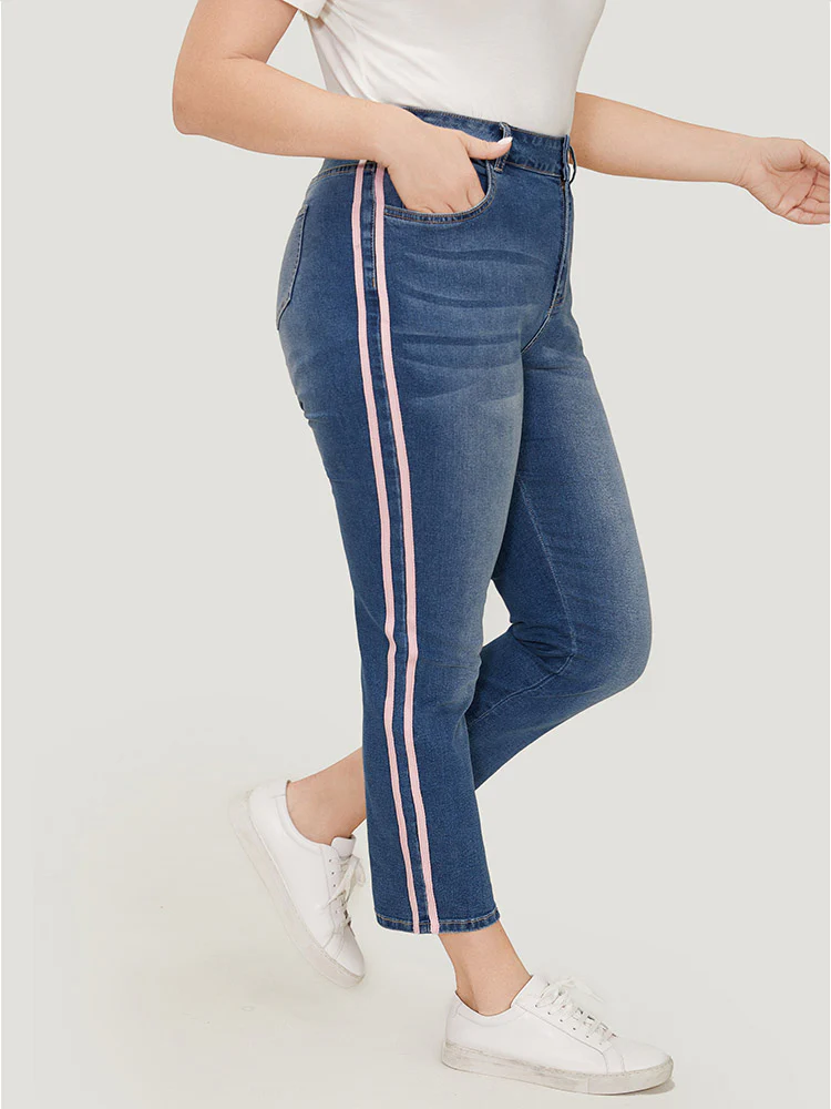 Very Stretchy Medium Wash Contrast Striped Jeans - Image 4