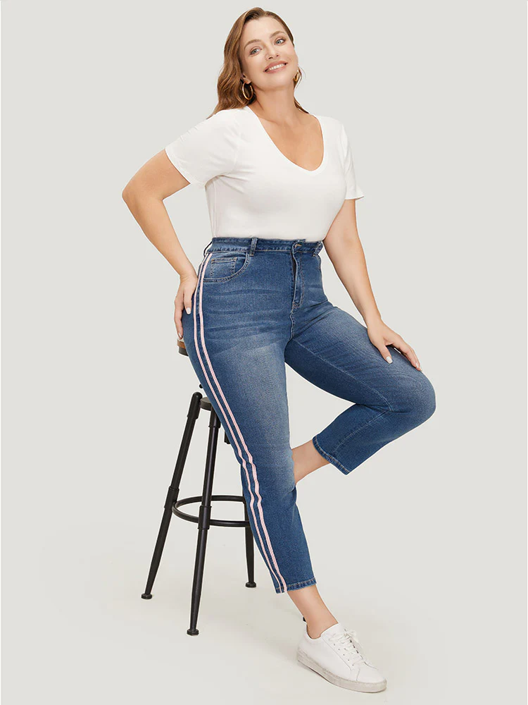 Very Stretchy Medium Wash Contrast Striped Jeans - Image 7